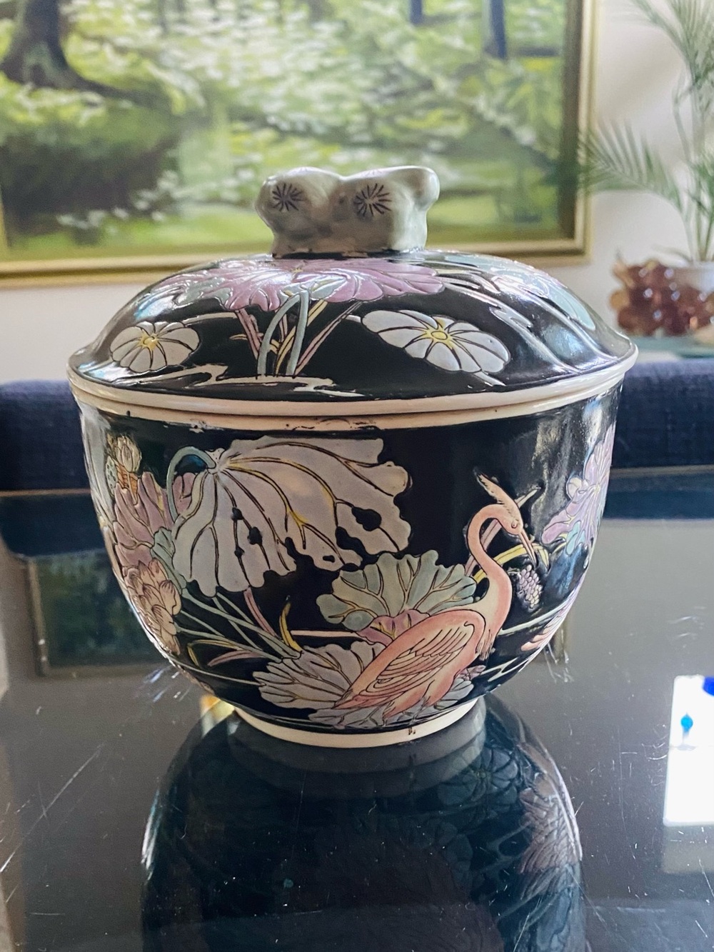 VTG Heygill Imports Chinoiserie Crane & Lotus Black Lidded Ginger Jar